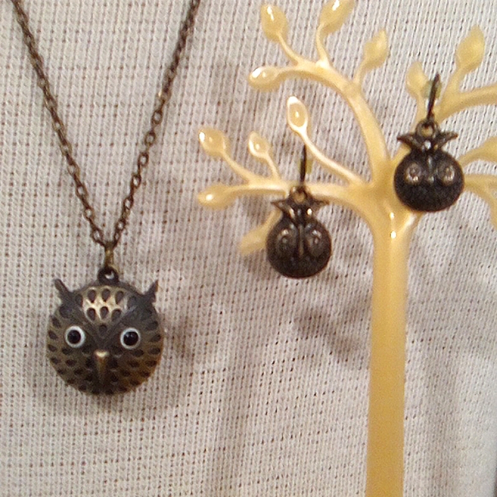 Owl Timepiece Pendant and Owl Earings